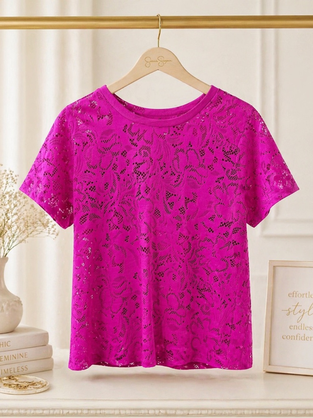 Jessica Simpson Vivid Fuchsia Floral Lace Short Sleeve Tee